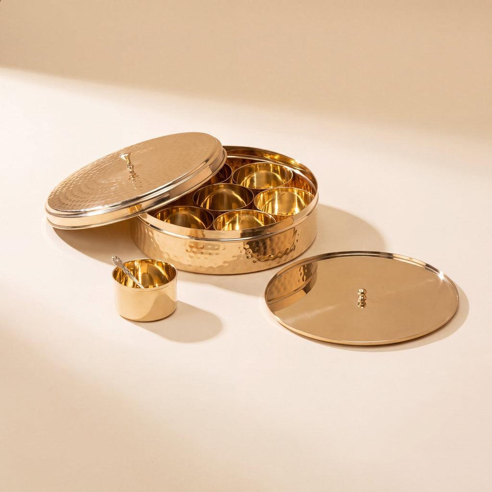 Intricate Hammered Brass Masala Box (Spice Daani)