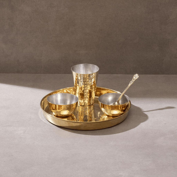 Hand-Hammered Brass Thaali Dinner Set (5 Pieces)
